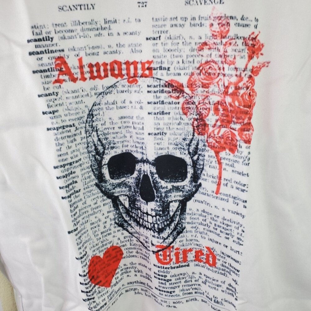 Womens White "Always Tired" Skull Screenprint Sweatshirt M Nwot - Picture 2 of 9